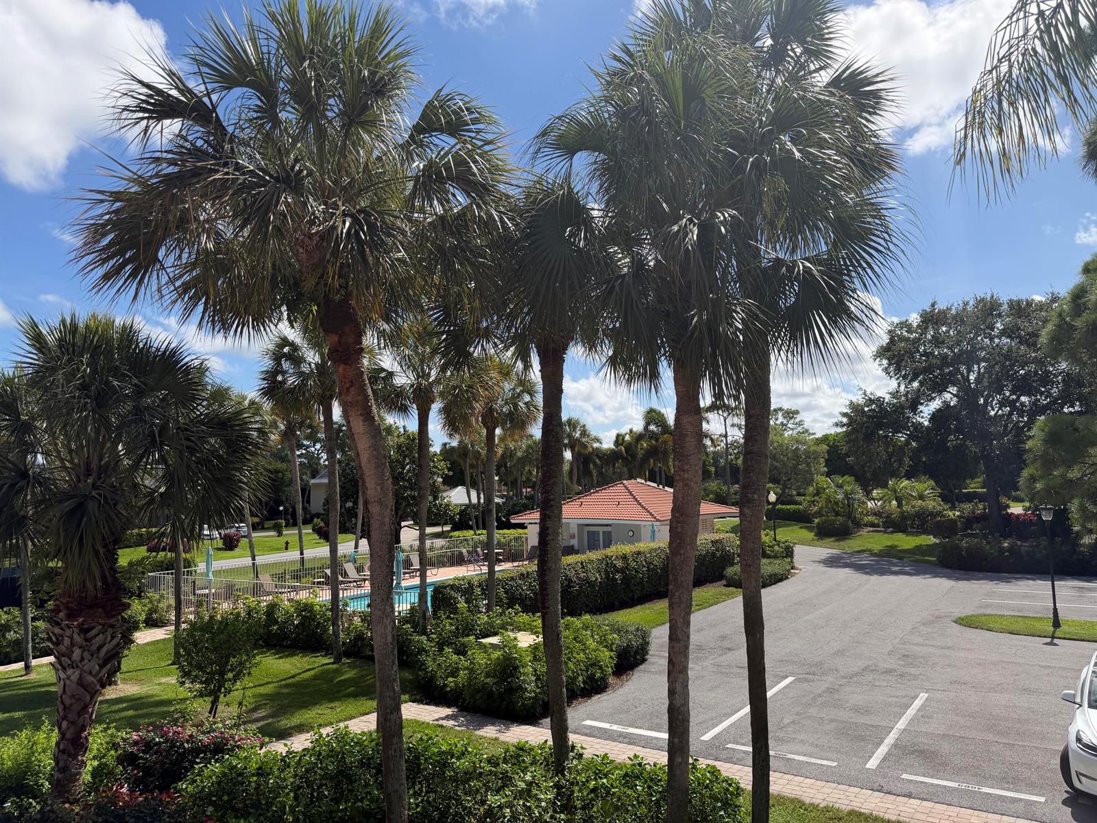 A view of a parking lot and swimming pool area surrounded by palm trees — 4607 Kittiwake Court # 2, Boynton Beach FL 33436, BOYNTON BEACH, FL