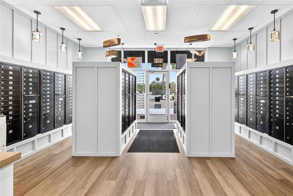 A mailroom features rows of black metal mailboxes, light wood flooring, and a glass exit door — 2751 E COUNTY LINE ROAD, LUTZ, FL
