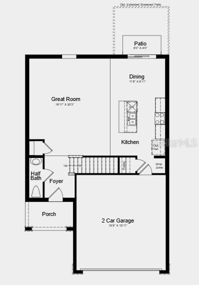 This is a floor plan of a home's main level featuring a garage and patio — 6518 EQUINOX LANE, NORTH FORT MYERS, FL