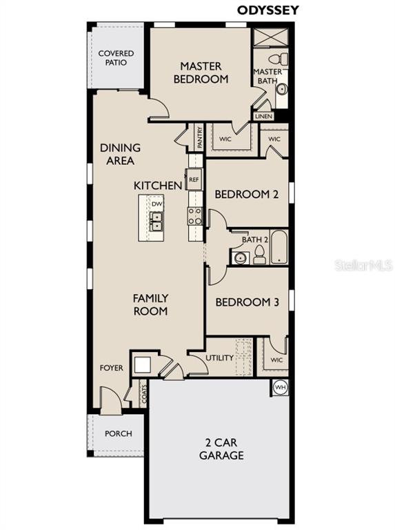This floor plan shows a three-bedroom, two-bathroom home with an open-concept living area and garage — 10522 CURVING CREEK LOOP, PARRISH, FL