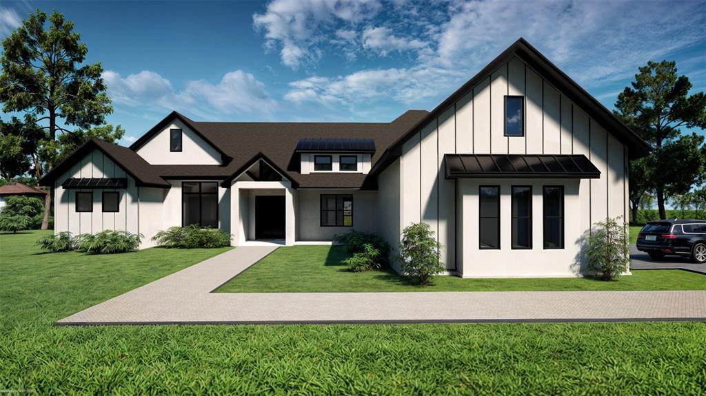 This is a rendering of a modern farmhouse with white board-and-batten siding and black trim — 9940 BLACK BEAR LANE, WINTER GARDEN, FL