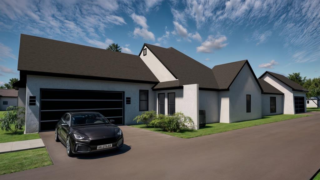 This is a digital rendering of a modern single-story house with a dark-roofed exterior — 9940 BLACK BEAR LANE, WINTER GARDEN, FL