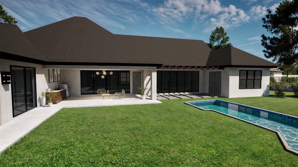 This architectural rendering shows the rear exterior of a house with a patio and pool — 9940 BLACK BEAR LANE, WINTER GARDEN, FL