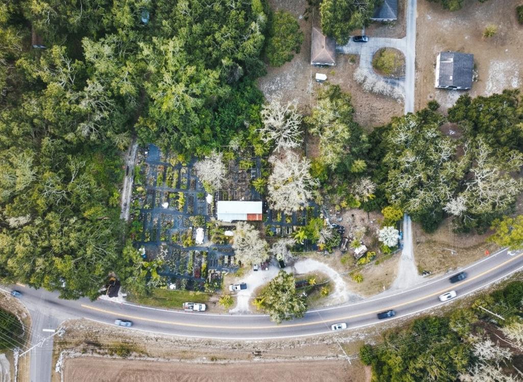 An aerial view shows a property with a nursery, a central building, and surrounding trees — 9906 GUNN HIGHWAY, ODESSA, FL