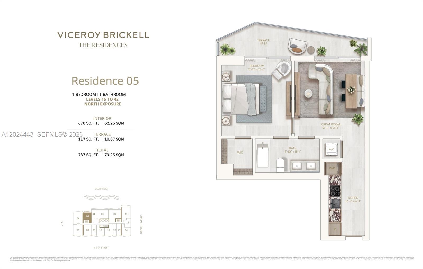 This floor plan shows a one-bedroom, one-bathroom residence with a terrace and kitchen — 77 SE 5th st # 2305, Miami FL 33131, MIAMI, FL