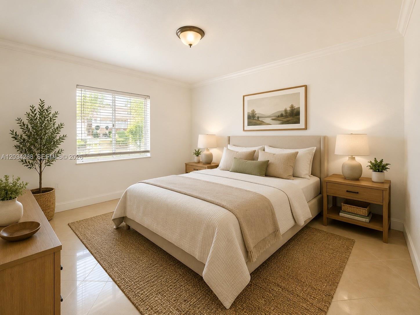 A bedroom features a bed with neutral bedding, two wooden nightstands, and a large window — 3041 W 76th St # 108, Hialeah FL 33018, HIALEAH, FL