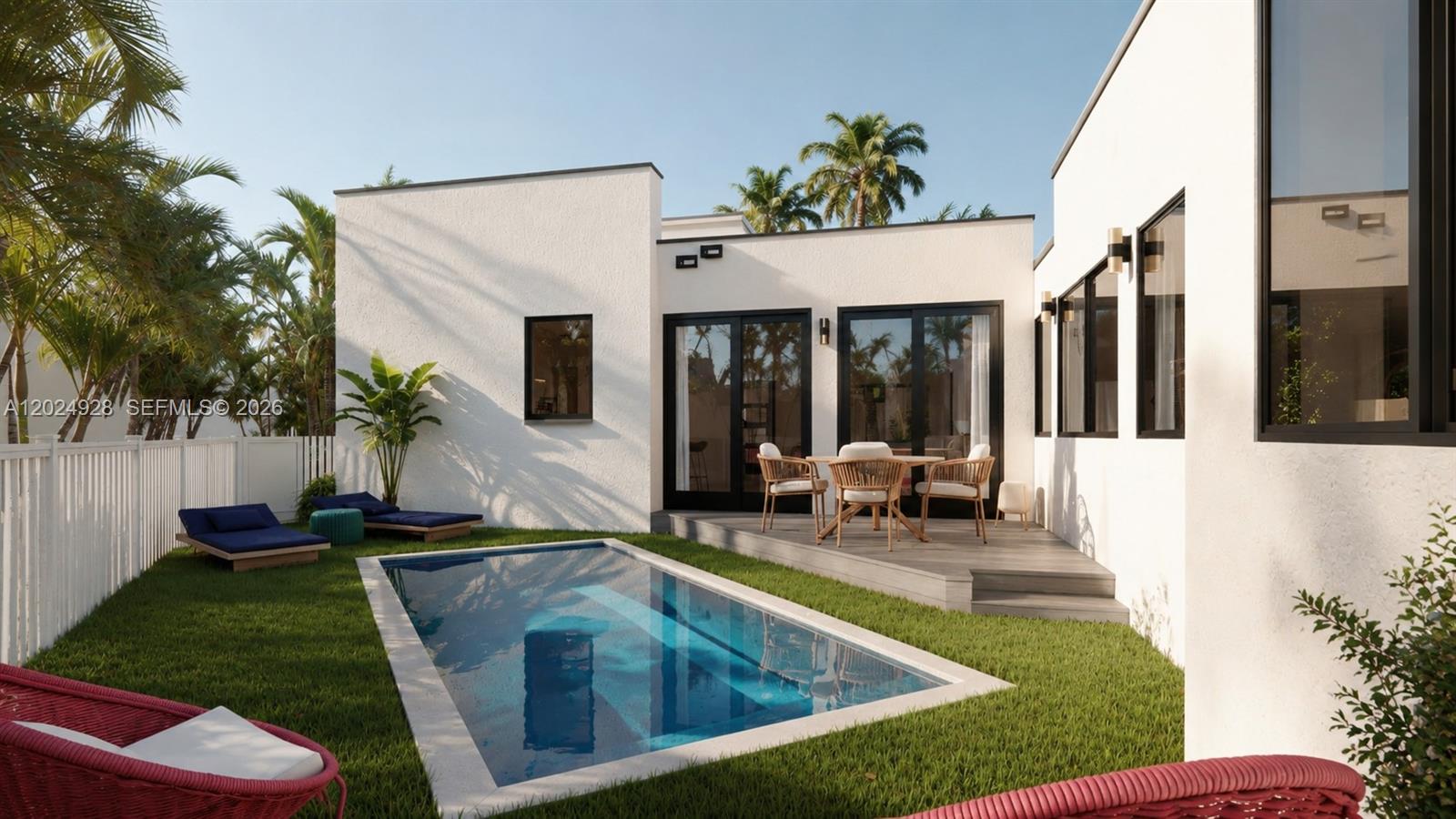 This architectural rendering shows a modern white house exterior with a pool and patio area — 740 NE 83rd St, Miami FL 33138, MIAMI, FL