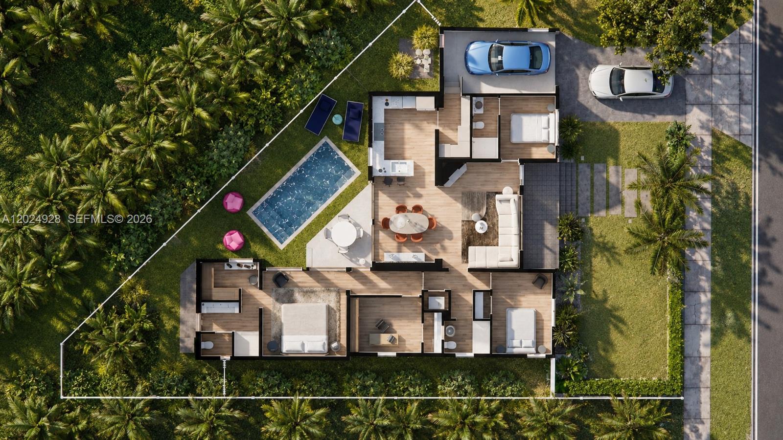 This is a 3D floor plan rendering of a house with a pool and garage — 740 NE 83rd St, Miami FL 33138, MIAMI, FL