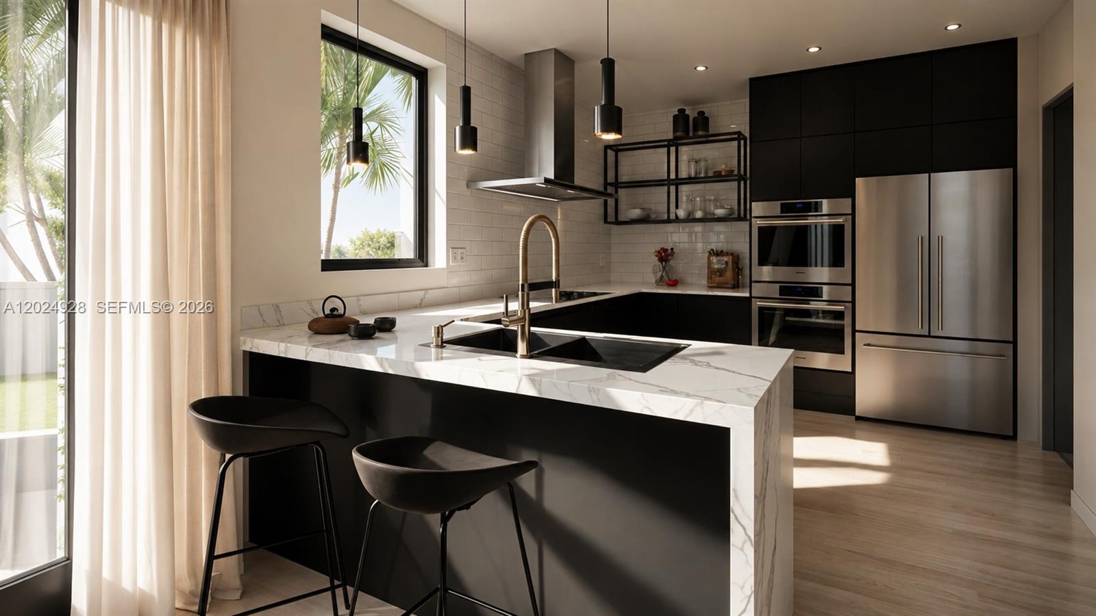 This rendering shows a modern kitchen with black cabinetry, marble countertops, and stainless steel appliances — 740 NE 83rd St, Miami FL 33138, MIAMI, FL
