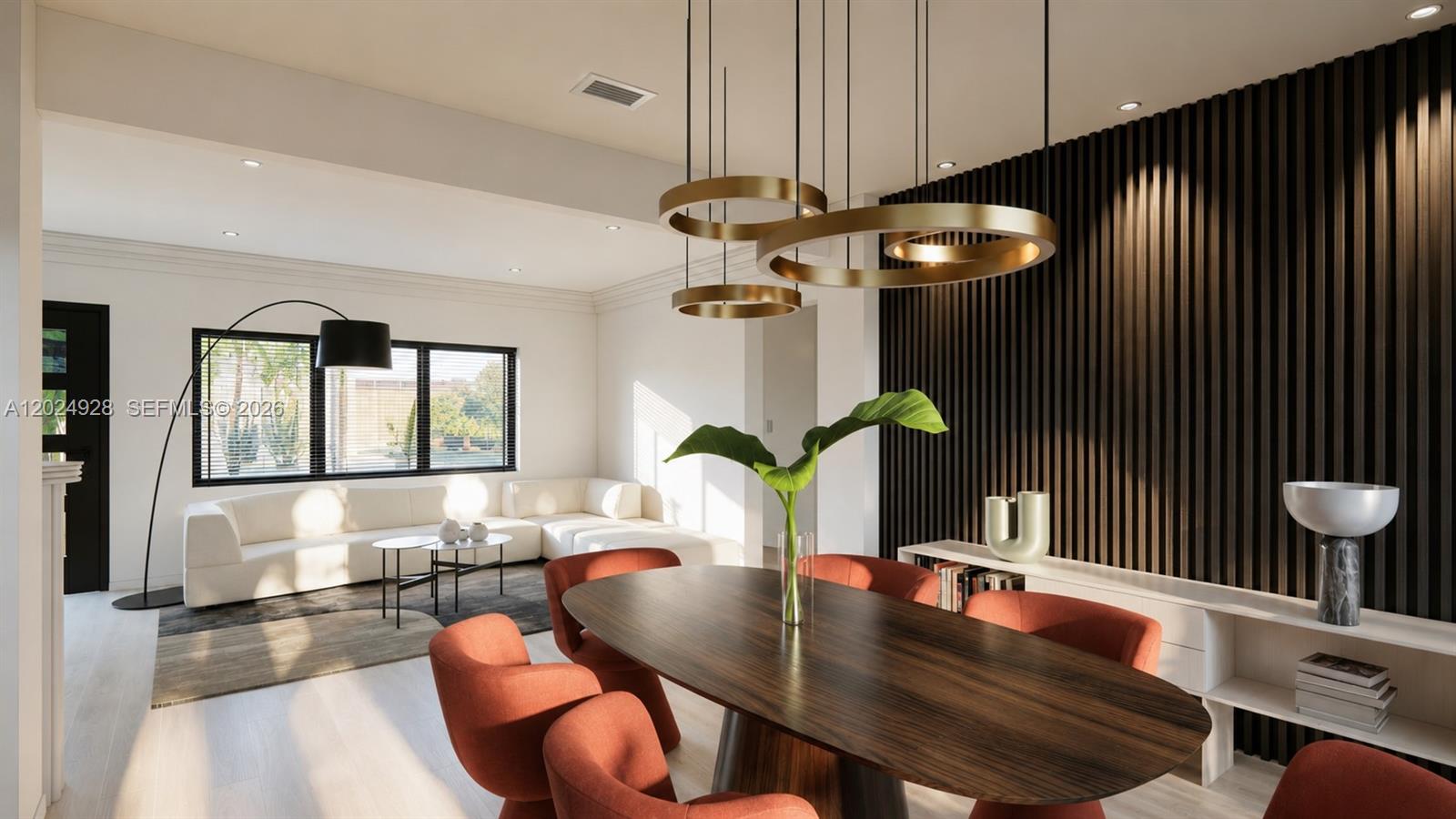 This rendering shows a modern dining area with a wood-slat wall and circular pendant lights — 740 NE 83rd St, Miami FL 33138, MIAMI, FL