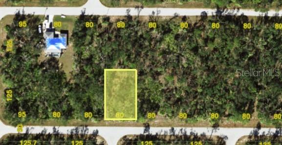An aerial map shows a highlighted rectangular vacant lot situated between two paved roads — 17126 GEOFFREY AVENUE, PORT CHARLOTTE, FL