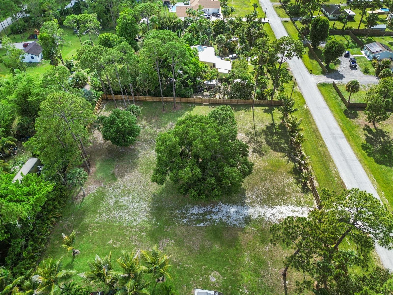 An aerial view of a large, grassy residential lot featuring several mature trees and fencing — 13530 42nd Road N, West Palm Beach FL 33411, WEST PALM BEACH, FL