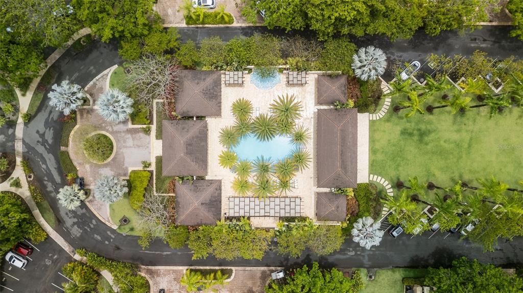 An aerial view shows a community clubhouse with a central pool surrounded by palm trees — 8164 LAS VERANDAS AT BAHIA BEACH RESORT, RIO GRANDE, PR