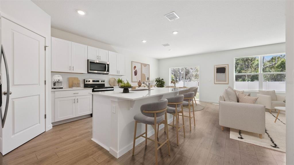 A modern kitchen with white cabinetry and a central island opens into a living area — 1120 GULL DRIVE, APOPKA, FL