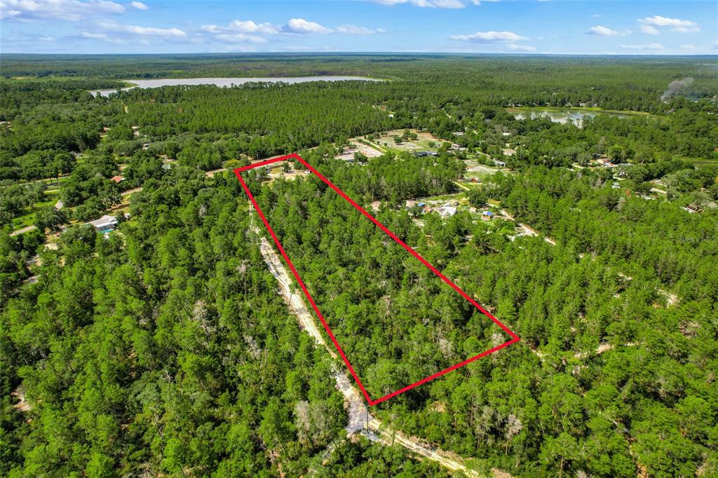 An aerial view shows a rectangular plot of land outlined in red amidst dense forest — 26106 FISHERMANS ROAD, PAISLEY, FL