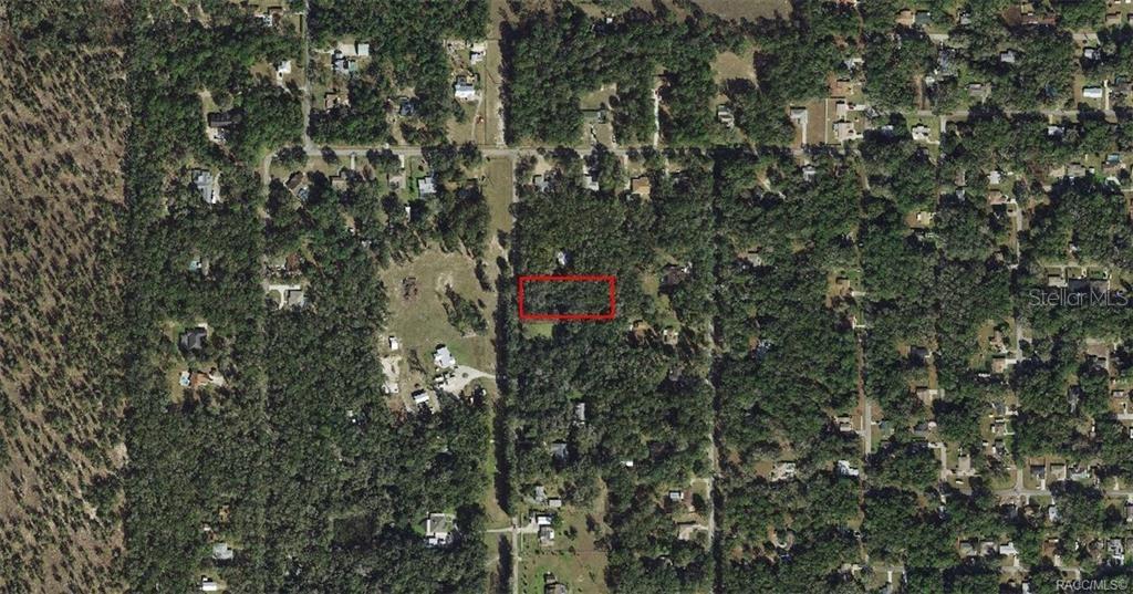 An aerial view shows a rectangular plot of land outlined in red amidst wooded residential lots — 3987 S BIG AL POINT, INVERNESS, FL