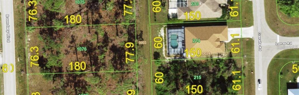 This is an aerial map view showing residential lots and houses along Boundary Blvd and Crevallo Rd — 873 BOUNDRY BOULEVARD, ROTONDA WEST, FL
