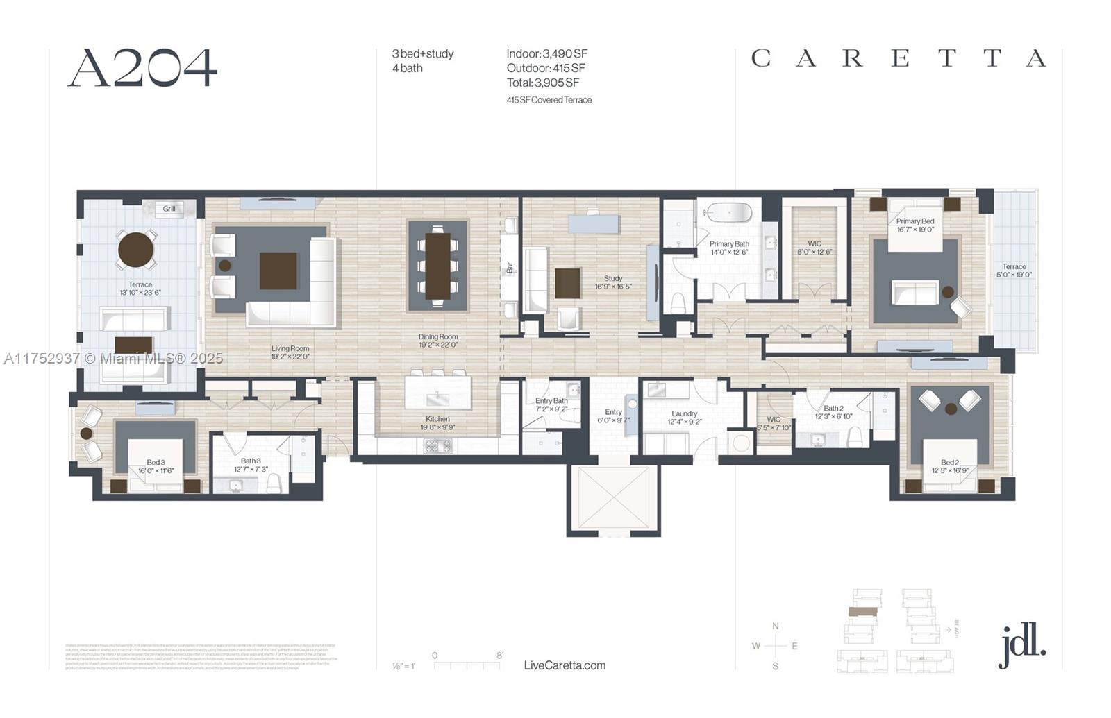 This is a floor plan for a three-bedroom, four-bathroom residential unit with two terraces — 1011 US Highway One # A204, Juno Beach FL 33408, JUNO BEACH, FL