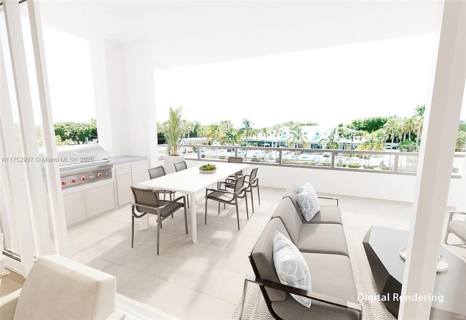 This digital rendering shows a modern balcony with an outdoor kitchen, dining area, and sofa — 1011 US Highway One # A204, Juno Beach FL 33408, JUNO BEACH, FL