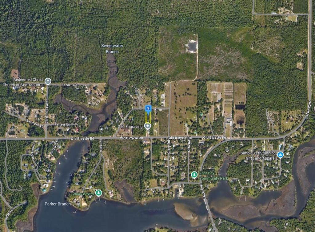 This is an aerial map view showing a property location near Old Bicycle Road — 263 WILDWOOD DRIVE, PANAMA CITY, FL