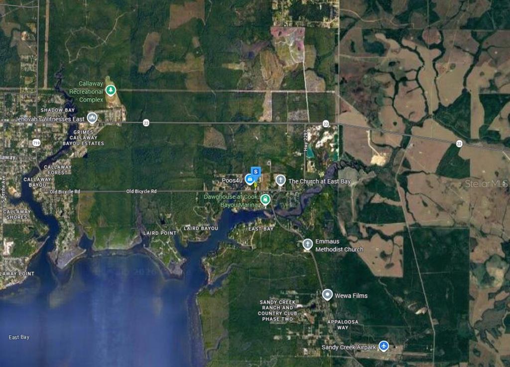 This is an aerial map showing the area surrounding East Bay, Callaway, and Sandy Creek — 263 WILDWOOD DRIVE, PANAMA CITY, FL