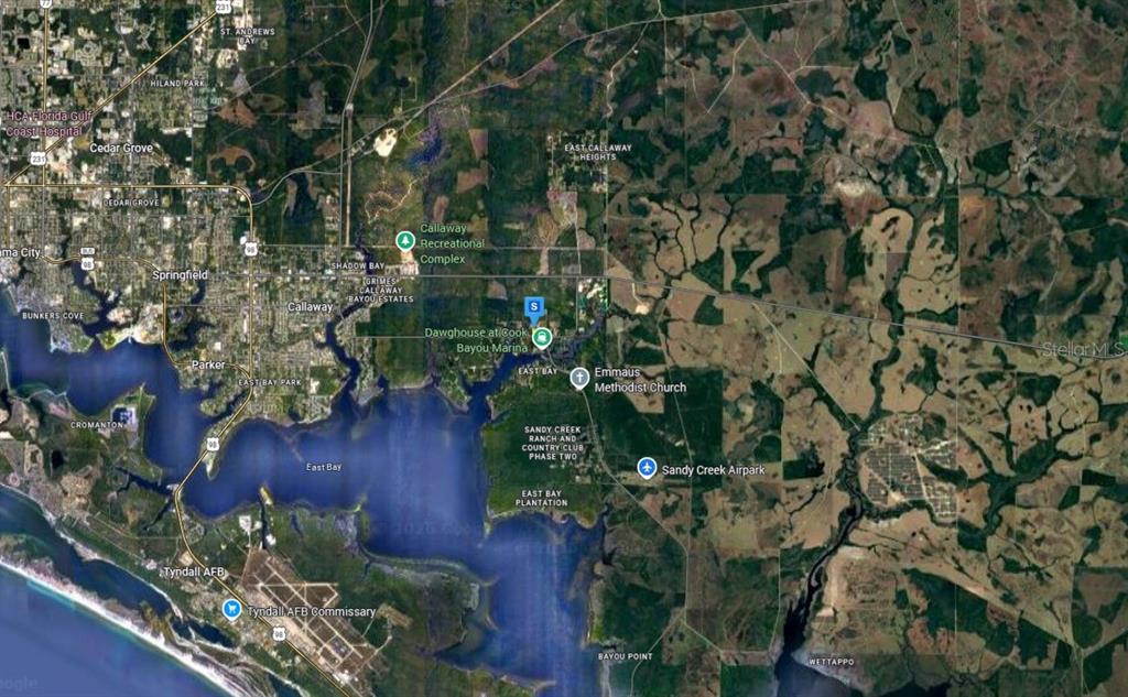 This is an aerial map view showing the East Bay area of Panama City, Florida — 263 WILDWOOD DRIVE, PANAMA CITY, FL