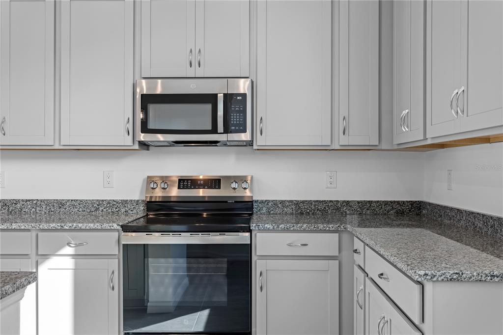 A kitchen features gray cabinets, granite countertops, and stainless steel appliances — 9936 TATE LANE, WESTCHASE, FL