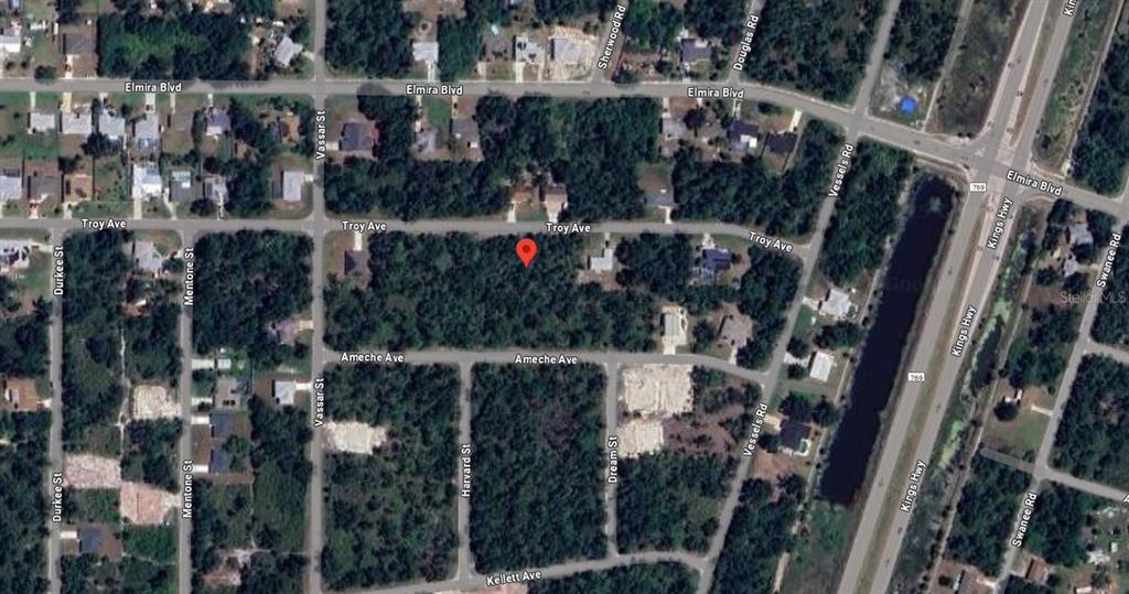 This is an aerial map view of a wooded residential lot marked with a red pin — 23177 TROY AVENUE, PORT CHARLOTTE, FL