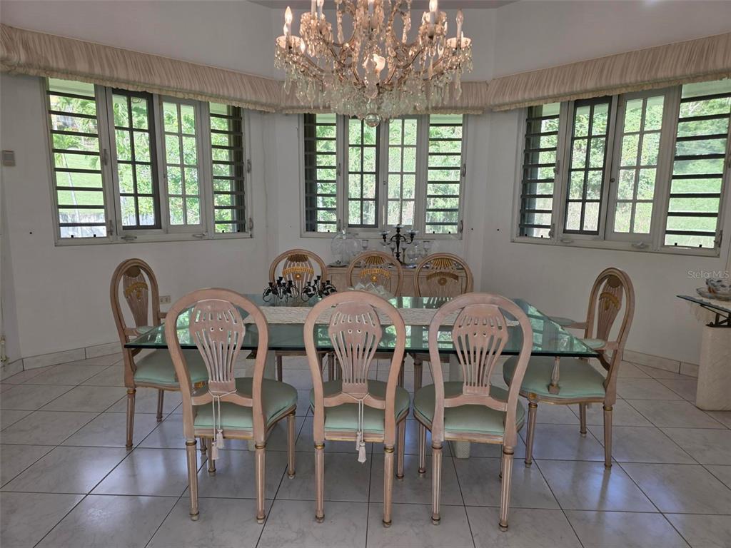 A dining room features a glass-topped table, eight chairs, a crystal chandelier, and large windows — 17 DEL RECREO, CAGUAS, PR