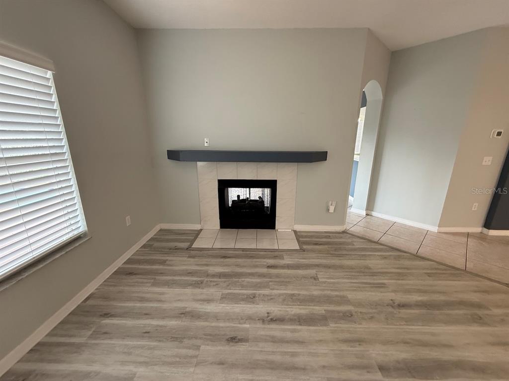 A living room features light gray walls, wood-look flooring, and a fireplace with a mantel — 162 HARWOOD CIRCLE, KISSIMMEE, FL