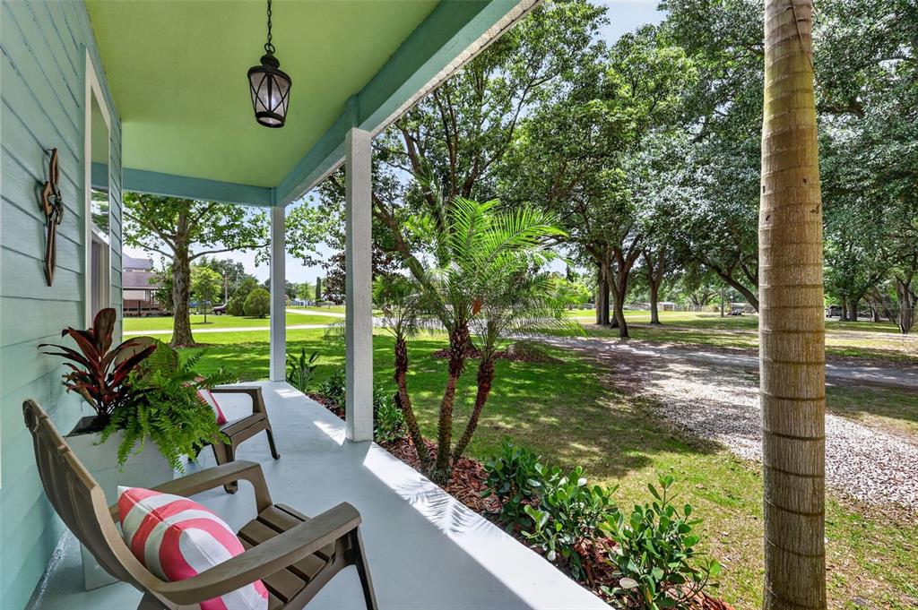 A screened-in pool area features a rock waterfall, slide, and patio furniture under an umbrella — 250 N WALKER STREET, OAKLAND, FL