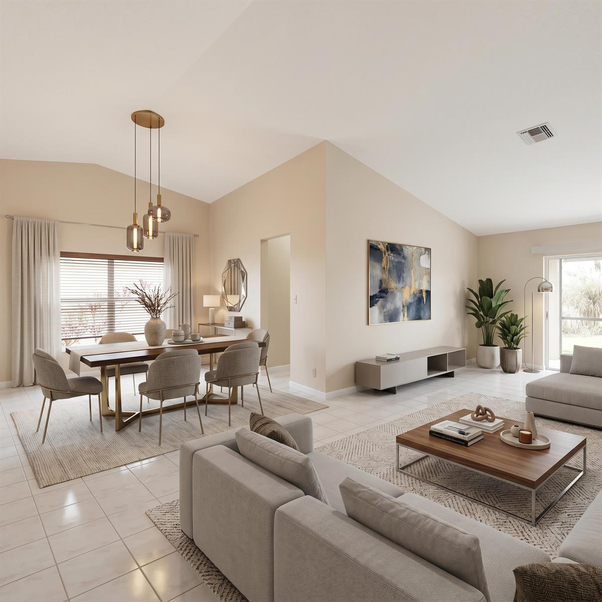 This rendering shows an open-concept living and dining area with neutral tones and vaulted ceilings — 10308 Welleby Isles Lane, Sunrise FL 33351, SUNRISE, FL