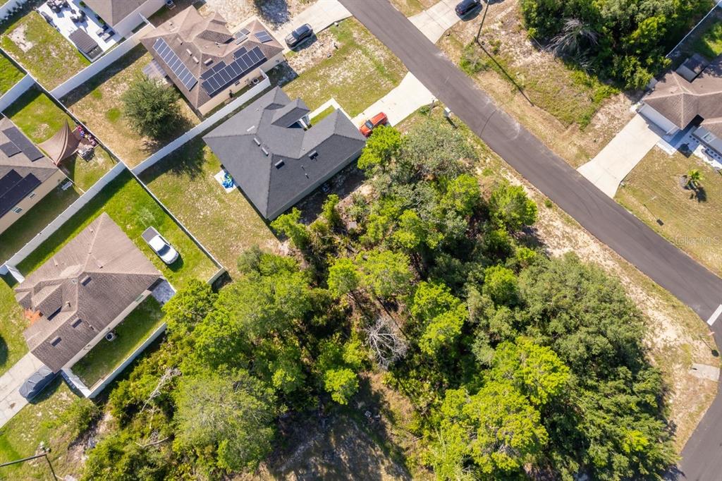 An aerial view shows a residential neighborhood with several houses and a wooded lot — 2017 MAPLE LANE, POINCIANA, FL
