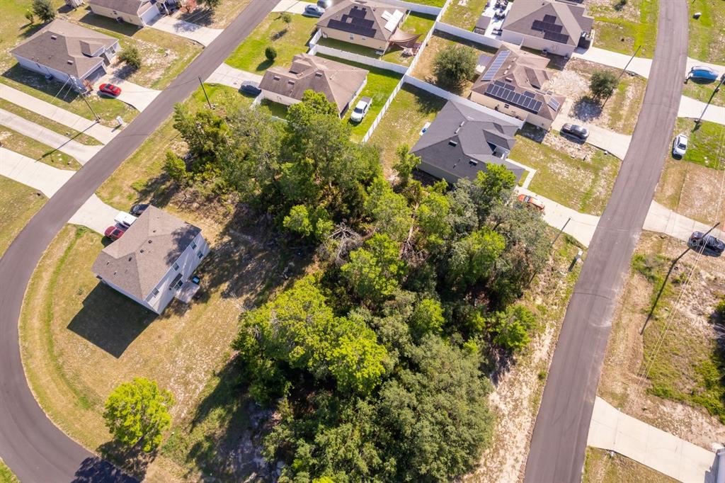 An aerial view shows a wooded vacant lot situated between several suburban residential homes — 2017 MAPLE LANE, POINCIANA, FL