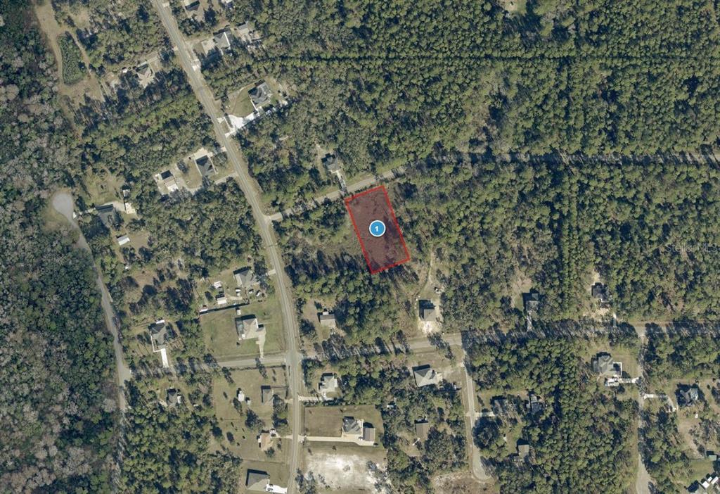 An aerial view shows a rectangular plot of land highlighted in red within a forest — QUINCE AVENUE, EUSTIS, FL