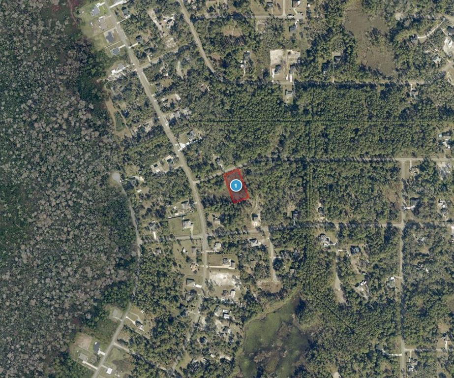 An aerial map view shows a rectangular plot of land highlighted in red — QUINCE AVENUE, EUSTIS, FL
