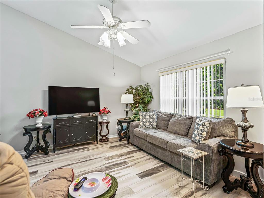 A living room with a grey sofa, television on a black console, and wood-look flooring — 17424 SE 111TH AVENUE, SUMMERFIELD, FL
