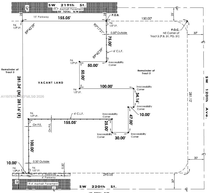 This is a land survey map showing property boundaries, dimensions, and existing fence locations — 219th St SW 120th Ave, Miami FL 33170, MIAMI, FL