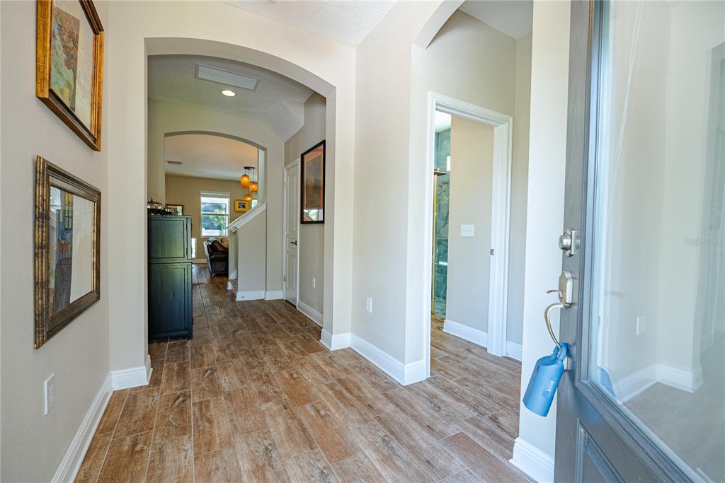 An entryway with wood-look tile flooring leads to an arched hallway and a bathroom doorway — 1908 W NASSAU STREET, TAMPA, FL