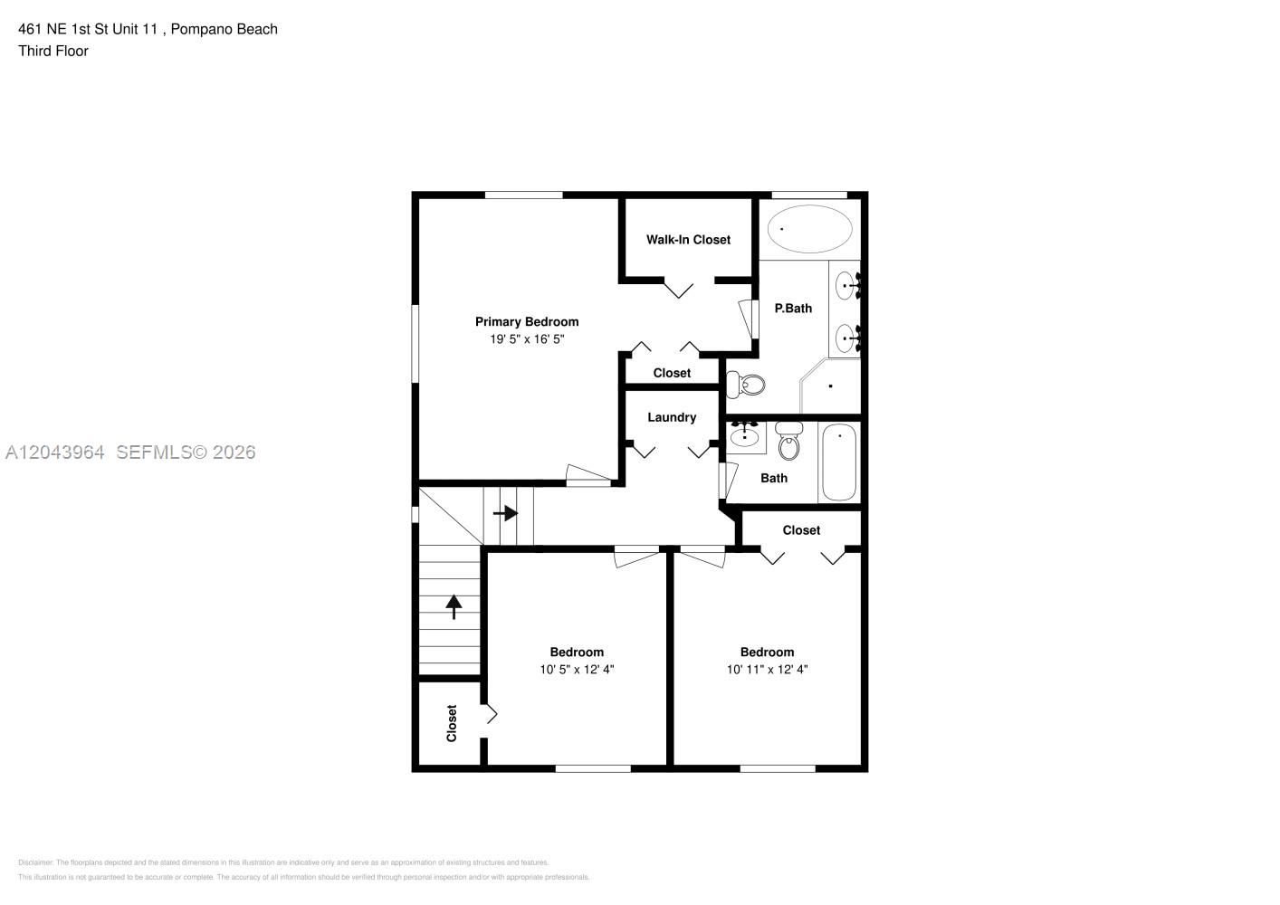 This is a floor plan for a three-bedroom, two-bathroom residential unit — POMPANO BEACH, FL