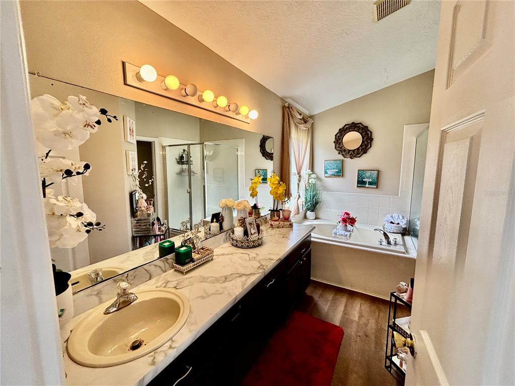 A bathroom features a marble-topped vanity, a large mirror, and a soaking tub — 2146 BLACKSTONE LANDING DRIVE, KISSIMMEE, FL