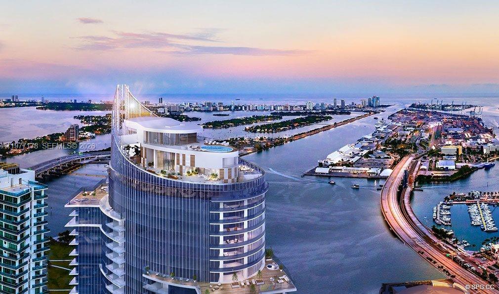 This architectural rendering shows a modern high-rise building overlooking a bay and city skyline — 851 NE 1st Ave # 811, Miami FL 33132, MIAMI, FL