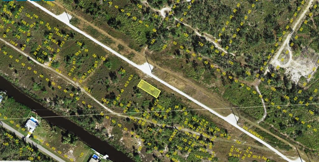 This is an aerial map showing a highlighted rectangular land parcel amidst undeveloped vegetation — 1514 PALSGRAVE DRIVE, PUNTA GORDA, FL