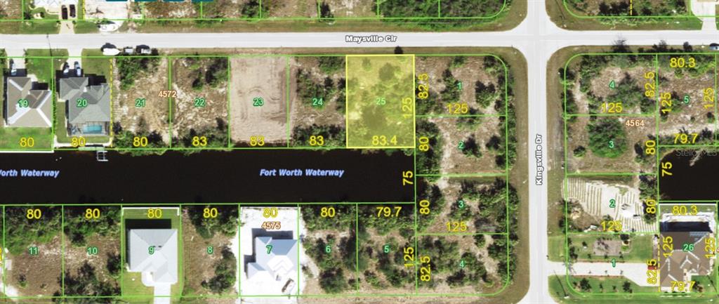 This is a map showing a vacant residential lot highlighted in yellow along a waterway — 14350 MAYSVILLE CIRCLE, PORT CHARLOTTE, FL