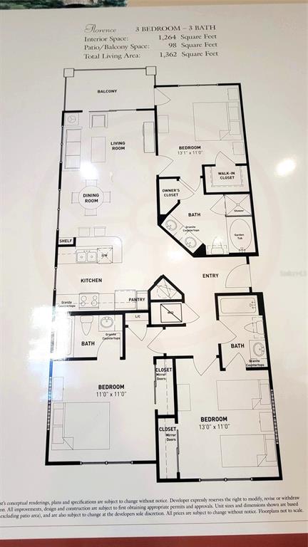This floor plan shows a three-bedroom, three-bathroom apartment layout with a balcony and kitchen — 914 CHARO PARKWAY UNIT 123, DAVENPORT, FL