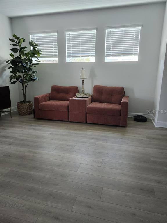 A living room features light wood-look flooring, three windows, and two armchairs with a center console — 4810 EMERSON AVENUE S, ST PETERSBURG, FL