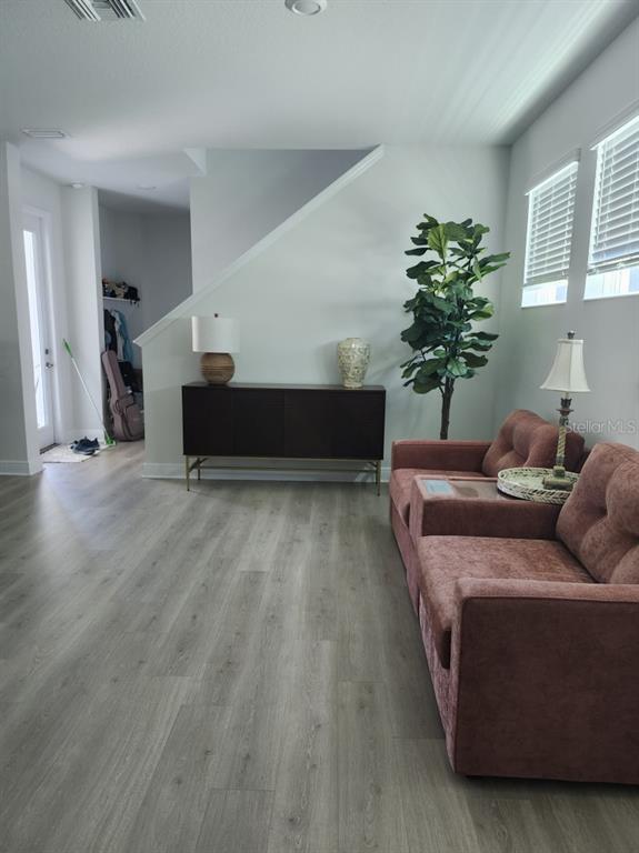 A living room features light wood-look flooring, a dark console table, and two mauve armchairs — 4810 EMERSON AVENUE S, ST PETERSBURG, FL