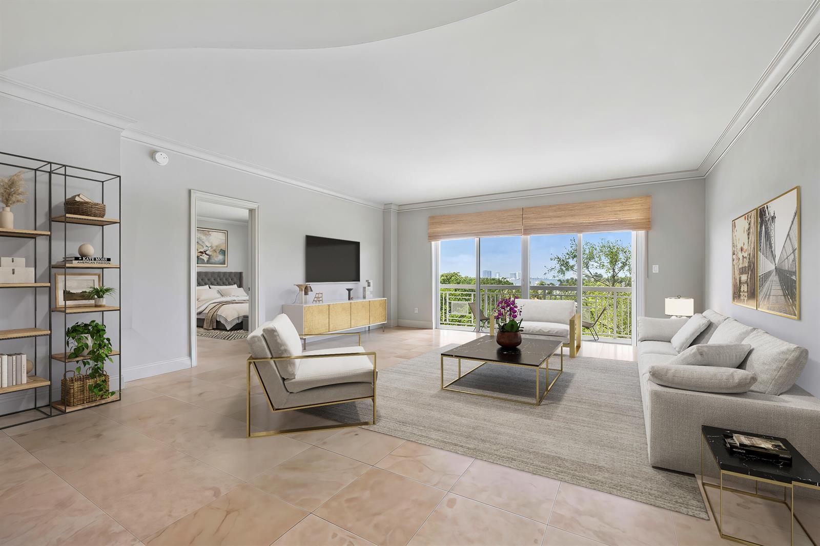 A bright living room features light tile floors, a large area rug, and balcony views — 250 Bradley Place # 606, Palm Beach FL 33480, PALM BEACH, FL