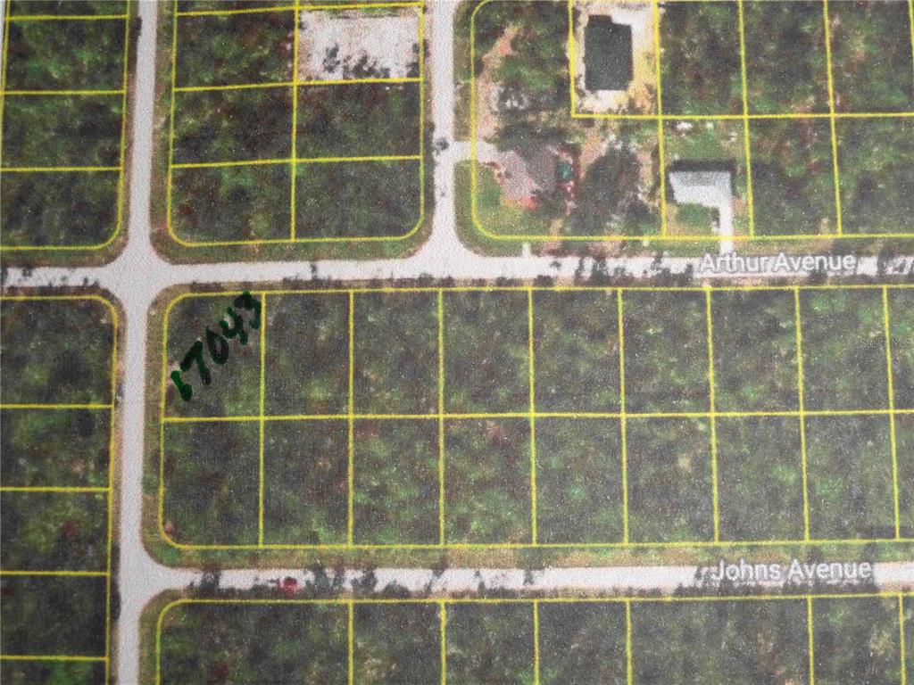 This is an aerial map showing a grid of undeveloped land parcels between two streets — 17043 ARTHUR AVENUE, PORT CHARLOTTE, FL