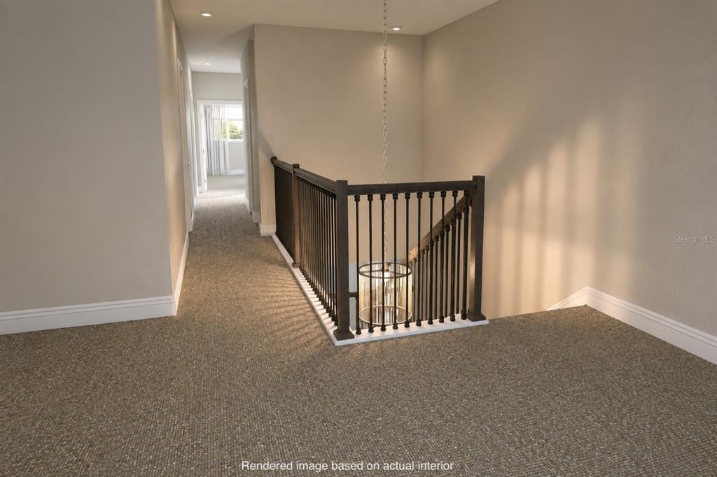 This rendering shows a carpeted upstairs landing with a dark wood railing and pendant light — 10301 AUSTRINA OAK LOOP, WINTER GARDEN, FL